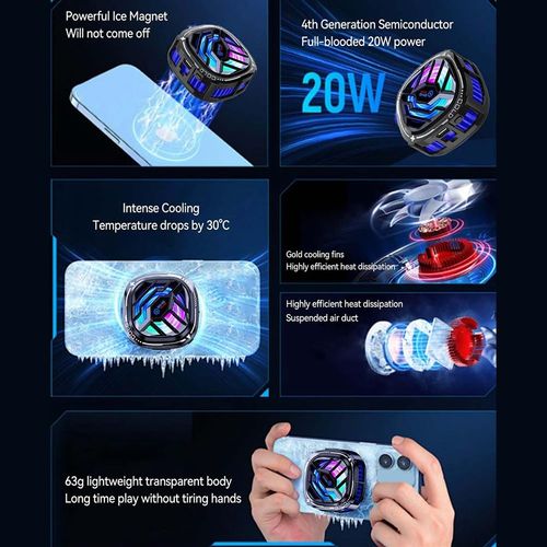 Magnetic Cell Phone Cooler, RGB Phone Cooling Fan Portable Lightweight Mobile Phone Cooling Fan, Phone Radiator with Larger Cooling Area for Phone Tablet IPad