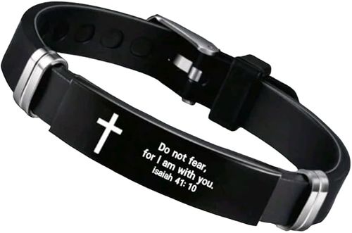 Silicone Bracelet with Cross and Isaiah 41:10 Scripture, Black, Adjustable Wristband, Religious Faith Jewelry