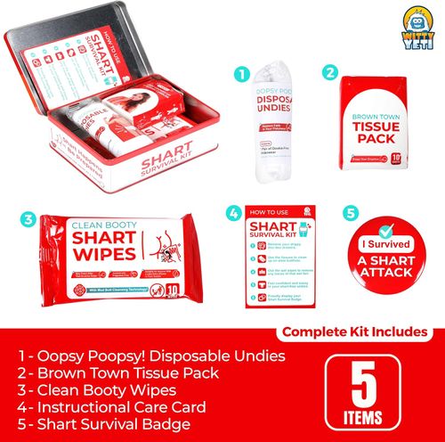 Ultimate Poop Prank Gag Gift Set Contains Wet Wipes, Disposable Underwear, Tissues Hilarious Badge. Novelty Fart Potty Pack Great Friends or Family Multicolor