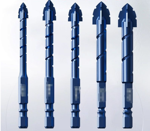 Five-piece set of blue sharp-tooth drill bits for upgrading ceramic dry drilling of tiles, glass, marble, concrete, and stainless steel.