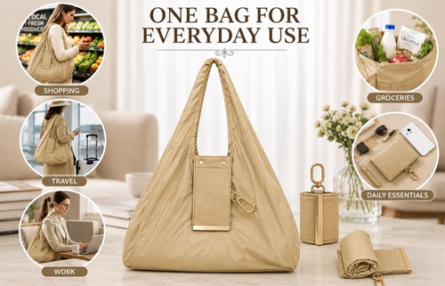 Reusable Foldable Tote Handbag for Women with Zipper Pouch and Metal Clips, Compact Shopping Bag for Travel, Office & Everyday Carry