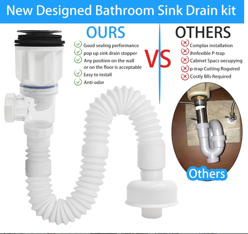 Bathroom Sink Drain Pipe Kit,Bathroom Sink Drain with Strainer Basket Hair Catcher and pop-up Stopper Flexible Sink Drain Pipe P-Trap