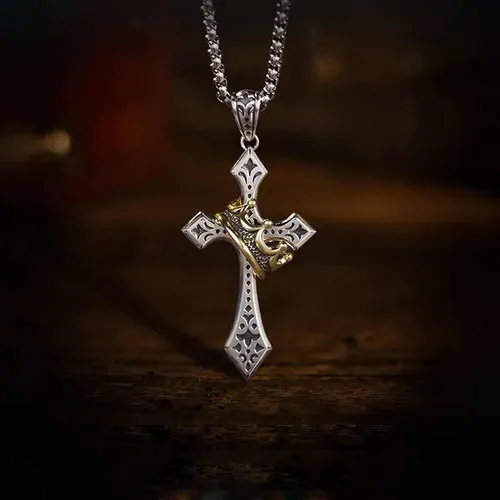 Two-Tone Silver & Gold Cross Necklace with Vintage Crown Accent - Stylish Engraved Fashion Jewelry for Men & Women
