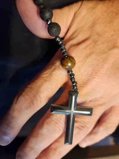 Rosary Style Black Volcanic Stone Yellow Tiger Eye Gallstone Cross Pendant