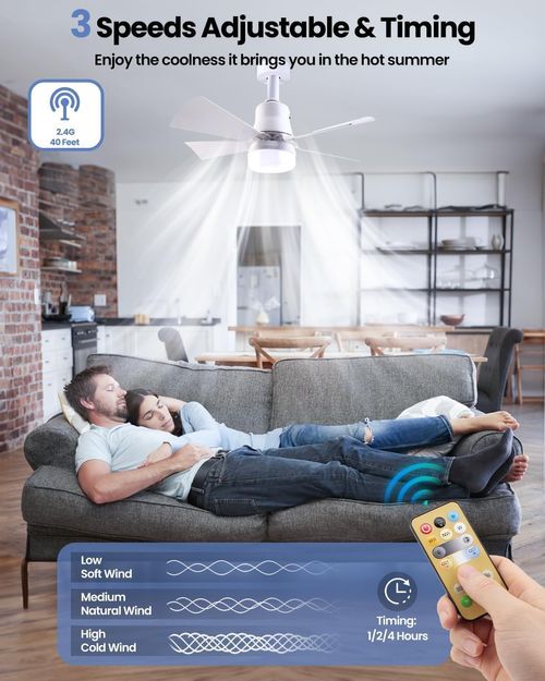 Socket Fan Light with Remote Control - socket ceiling fan 15.75-in ceiling fans with lights and remote Ideal for Bedroom Kitchen Dining Room and Living Room balcony Garage restaurant shop indoor