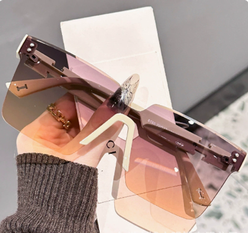 High-end, stylish oversized sunglasses with integrated lettering on the temples, featuring subtle shimmer.