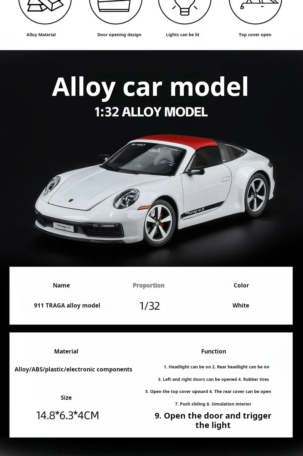 Porsche 911 Targa Diecast Model Car 1:32 Scale, Sports Car Collectible with Lights and Opening Doors, Gift for Car Lovers