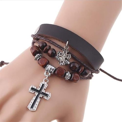 Handmade Leather Bracelets Set for Men and Women Vintage Cross Beaded Braided Black Punk Adjustable Wrap Cuff Bracelet