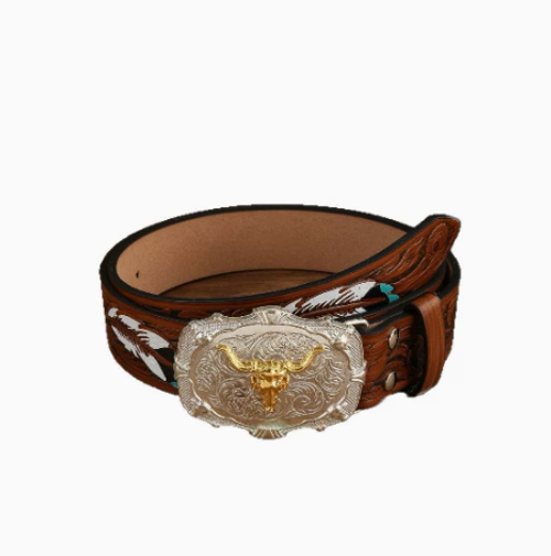 Western Cowboy Retro Embossed Buckle Belt for Men and Women, Trendy Animal Bull Head Pattern Belt, Personalized Folk Style