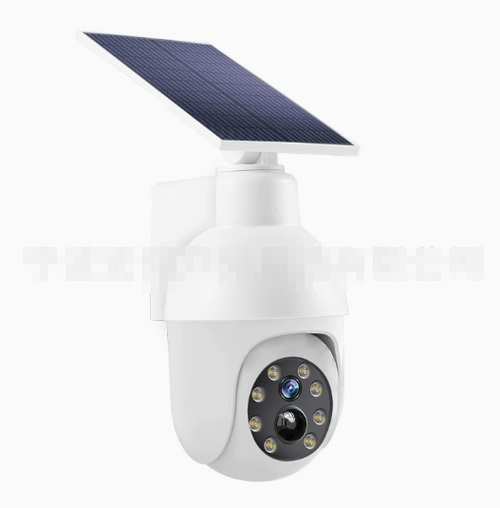 Solar-powered outdoor courtyard light with smart motion sensor and simulated surveillance camera design.