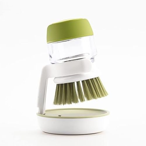 Dish Brush with Soap Dispenser, Dishwashing Kitchen Scrub Brushes Dish Scrubber with Holder Drip Tray, for Cleaning Pan, Pot, Sink(Grey)