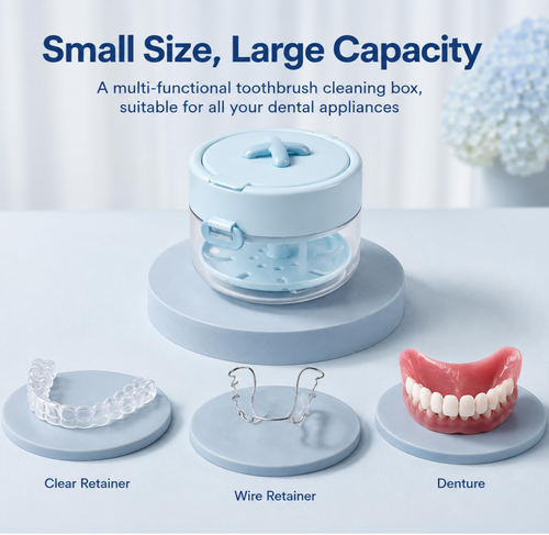 3‑in‑1 Retainer Cleaner Case, Leak‑Proof Aligner Storage Box with Built‑in Mirror, Cleaning Brush & Removal Tool, Drain Tray Oral Appliance Container for Invisalign, Mouth Guard, Dentures