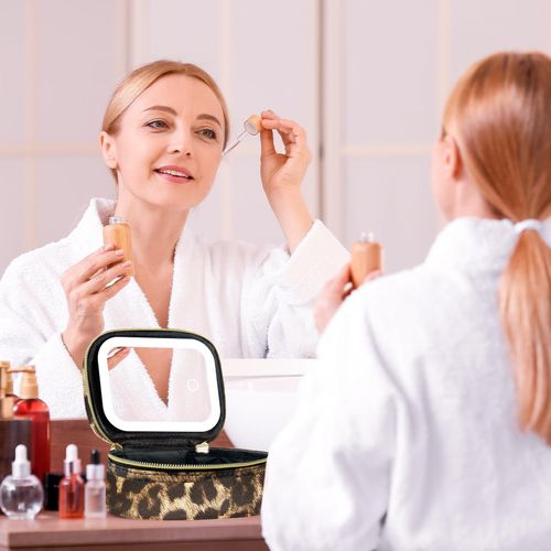 Leopard Print Mini Travel Makeup Bag with LED Light Mirror, 500mah Rechargeable Touch Dimmable Beauty Storage Pouch for Travel, Travel Cosmetic Bag