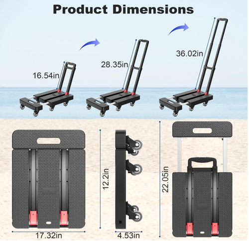 Folding Hand Truck, 500 LBS Heavy Duty Foldable Dolly Cart with Wheels, Telescoping Handle & 2 Elastic Ropes, Portable Luggage Cart for Moving, Travel, Home, Black Red
