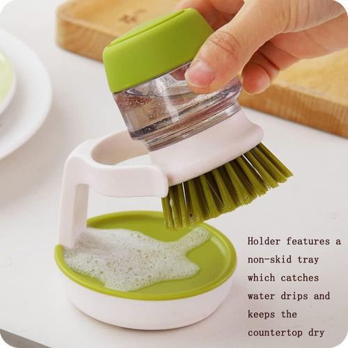 Dish Brush with Soap Dispenser, Dishwashing Kitchen Scrub Brushes Dish Scrubber with Holder Drip Tray, for Cleaning Pan, Pot, Sink(Grey)