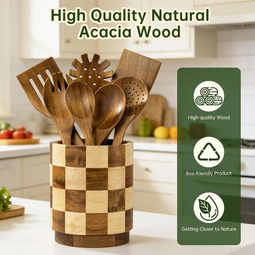 Wooden Utensil Holder, 360° Rotating Wood Kitchen Utensil Holder for Countertop, Large Utensil Holder for Kitchen