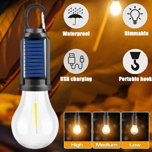 Solar Rechargeable Hooked Camping Light, Solar Rechargeable Light Bulbs, USB Charging Tungsten Light Bulb Solars Lights with Power Display, LED Tent Lights with IPX4 Waterproof