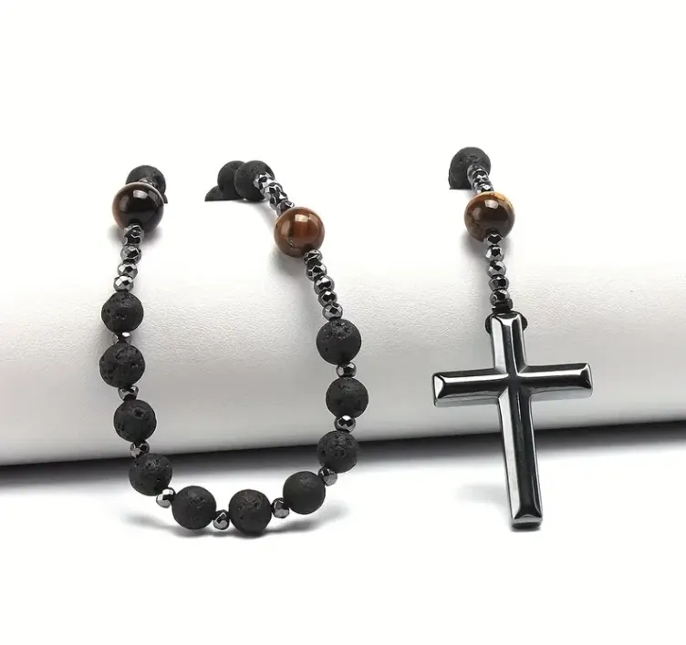 Rosary Style Black Volcanic Stone Yellow Tiger Eye Gallstone Cross Pendant