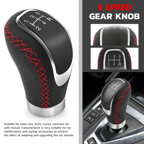 Black Universal 5 Speed Car Gear Lever Shifter Manual Stick Shift Knob PU Leather with Hole Red Stitches