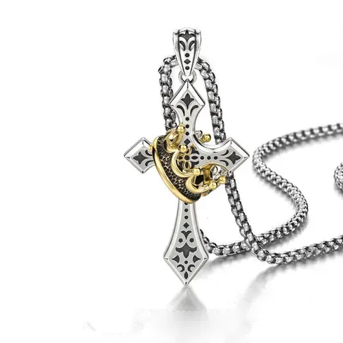 Two-Tone Silver & Gold Cross Necklace with Vintage Crown Accent - Stylish Engraved Fashion Jewelry for Men & Women
