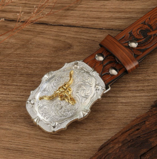 Western Cowboy Retro Embossed Buckle Belt for Men and Women, Trendy Animal Bull Head Pattern Belt, Personalized Folk Style