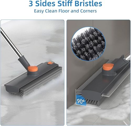 Floor Scrub Brush with Long Handle, 3 in 1 Scrape and Heavy-Duty Stiff Bristle Floor Scrubber Brush Broom with Squeegee and Tweezer for Cleaning Grey