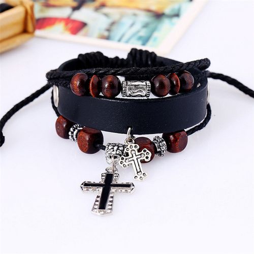 Handmade Leather Bracelets Set for Men and Women Vintage Cross Beaded Braided Black Punk Adjustable Wrap Cuff Bracelet
