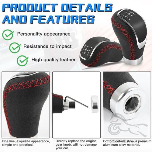 Black Universal 5 Speed Car Gear Lever Shifter Manual Stick Shift Knob PU Leather with Hole Red Stitches