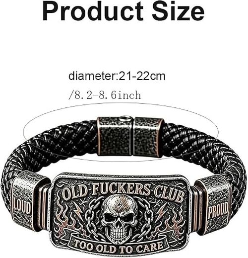 Old Fuckers Club & Wild Freedom | 2026 OLD FUCKERS CLUB Skull Bracelet,Vintage Black Skull Flame Biker Braided Bracelet for Men,Too Old To Care Wristband