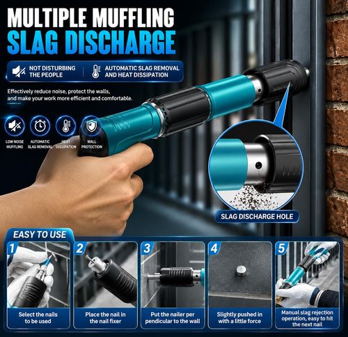 Heavy Duty Manual Concrete Nail Gun Kit with 10 Steel Nails, 5-Speed Adjustable Steel Nailer for Concrete, Brick, Wall, Metal & Wood, Handheld Wall Fastening Tool for Construction & Home Installation
