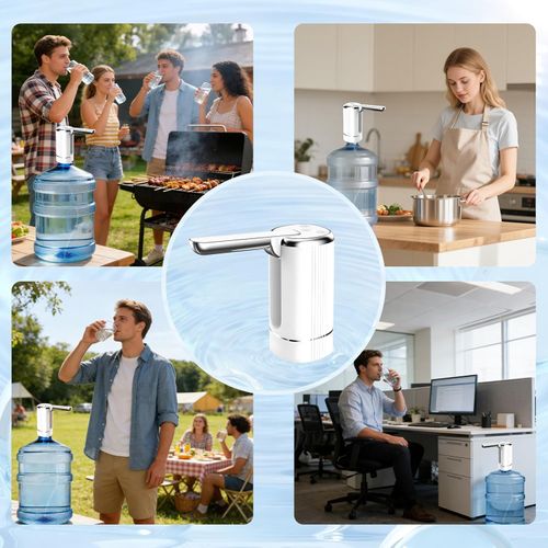 Water Dispenser Pump for 5 Gallon Water Bottles, USB Type-C Rechargeable with 1200mAh Battery, Foldable Spout, One-Touch Control  Powerful Suction for Home, Office, Camping - White