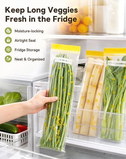 Thickened, elongated, self-sealing bags for kitchen use—suitable for freezing or refrigerating items like scallions.