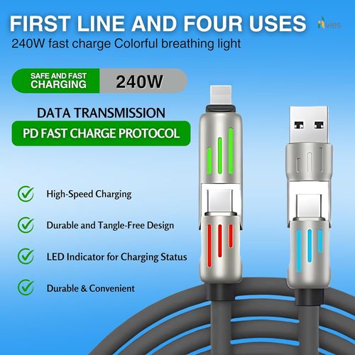 4 in1 Multi Charger Cable, PD 240W with Dual USB-C & USB-A Ports | 1.5m, Metal Ports with Breathing Light Compatible with iPhon14,16 Android Samsung Galaxy MacBook iPad Android devices (Black)