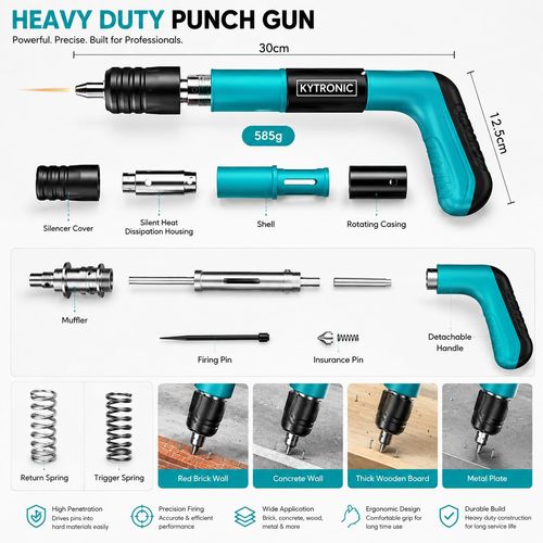 Heavy Duty Manual Concrete Nail Gun Kit with 10 Steel Nails, 5-Speed Adjustable Steel Nailer for Concrete, Brick, Wall, Metal & Wood, Handheld Wall Fastening Tool for Construction & Home Installation