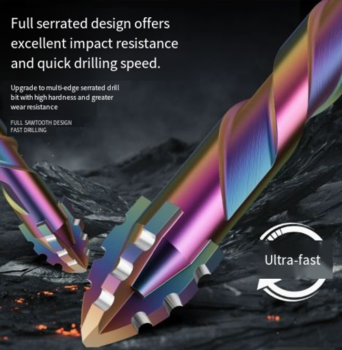 Titanium-plated four-bladed serrated drill bit, 12mm, specifically for drilling into ceramic tiles, marble, and concrete.