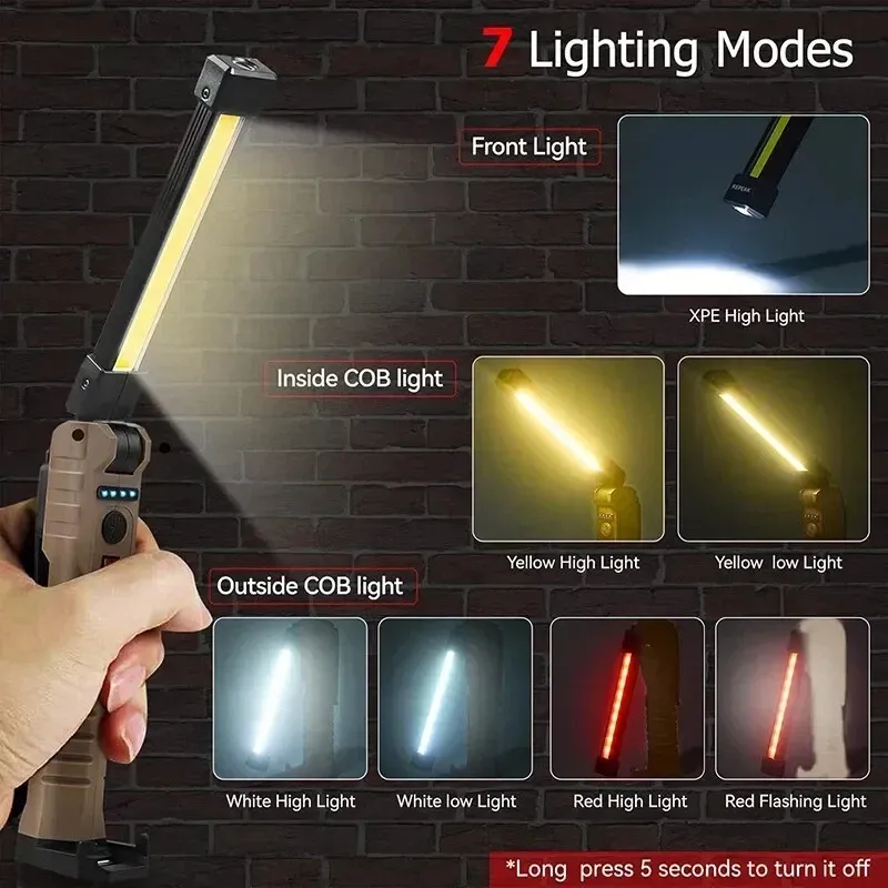 LED Inspection Work Lights, USB Rechargeable COB Flashlight, 180° Rotate Foldable Work Light with Magnetic Base, 5 Modes, Folding Inspection Light Bar for Car Repairing, Camping