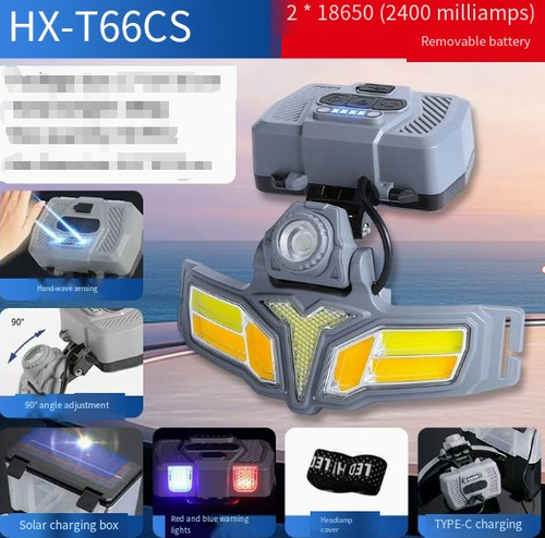 Solar-powered rechargeable headlamp with red and blue warning lights, lithium-ion battery-powered outdoor headlamp, emergency headlamp, human body sensor + red and blue strobe light, long-lasting lithium-ion battery model.