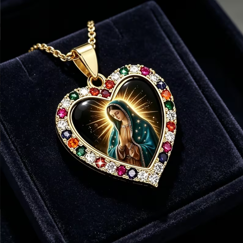 Virgin Mary Birthstones inlay Daily prayer Pendant necklace with gift box