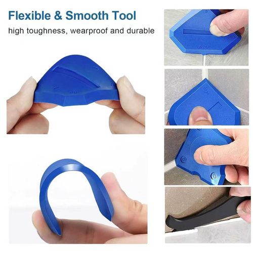 3-in-1 silicone curing grout tool with stainless steel head, sealant cleaner, grouting tool, scraper, and glue scraper.