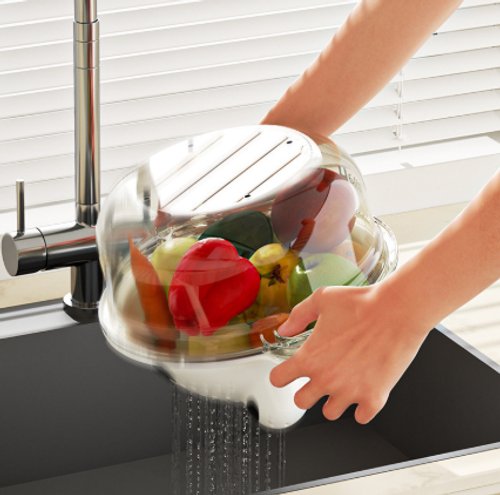 Adorable Bear-Themed Dual-Layer Drain Basket — All-in-One Kitchen Basin for Rinsing Rice and Washing Vegetables — An Essential Fruit & Vegetable Storage Basket for Dorms and Rental Homes