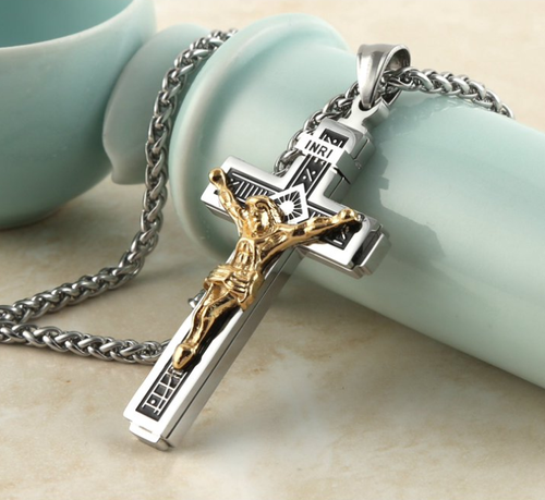 Cross Necklace for Men, Stainless Steel Chain, Silver Toned Pendant, Christian Religious Jewelry