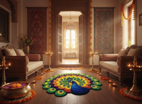 Decorative Peacock Floor Mat, Colourful Feather Design, Indoor Entrance Rug 39×39in