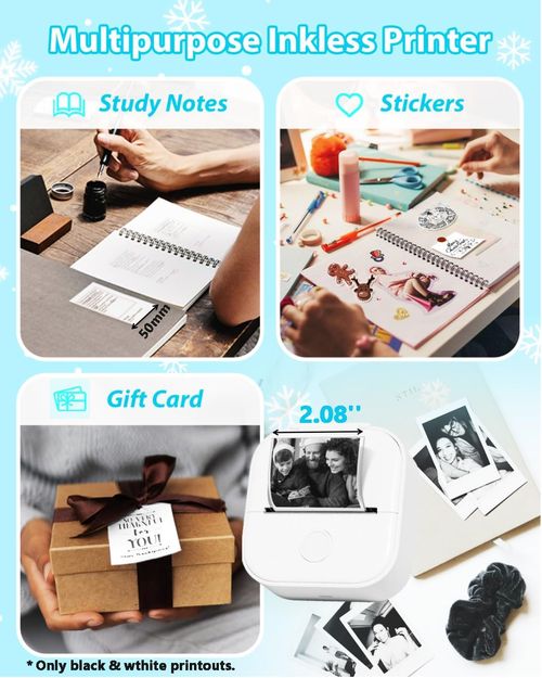 Phomemo Sticker Printer- Print Pods Mini Sticker Printer Maker, Inkless Machine Portable T02, Bluetooth Thermal Pocket Photo Maker for Study Notes, Daily, Photos, DIY, White