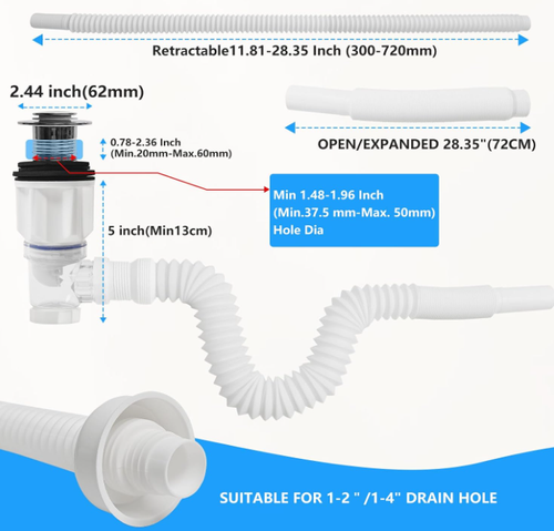 Bathroom Sink Drain Pipe Kit,Bathroom Sink Drain with Strainer Basket Hair Catcher and pop-up Stopper Flexible Sink Drain Pipe P-Trap