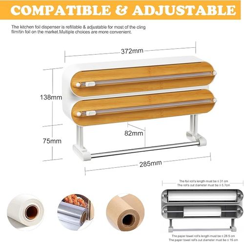 Magnetic Plastic Wrap Dispenser with Cutter - Quasziwa Refillable Tin Foil and Plastic Wrap Organizer for Kitchen, Aluminum Foil Dispenser with Paper Towel Holder Wall Mount