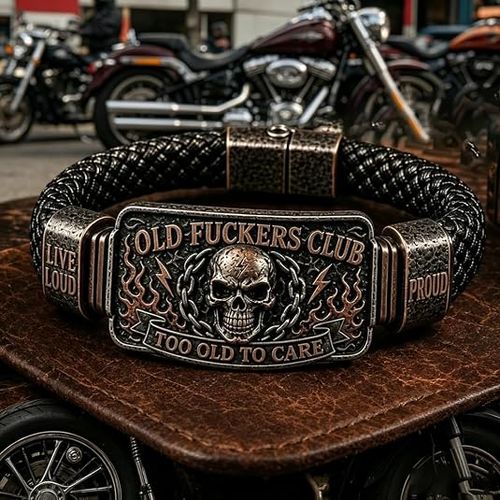 Old Fuckers Club & Wild Freedom | 2026 OLD FUCKERS CLUB Skull Bracelet,Vintage Black Skull Flame Biker Braided Bracelet for Men,Too Old To Care Wristband