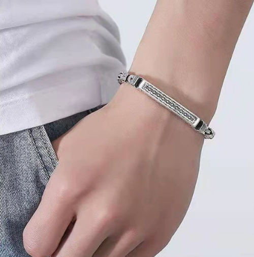 Men's Trendy Silver-Plated Bracelet – Vintage-Style Woven Chain with Dragon-Bone and Peace Patterns