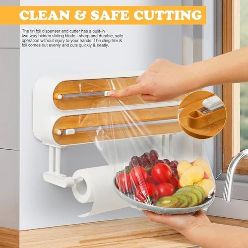 Magnetic Plastic Wrap Dispenser with Cutter - Quasziwa Refillable Tin Foil and Plastic Wrap Organizer for Kitchen, Aluminum Foil Dispenser with Paper Towel Holder Wall Mount