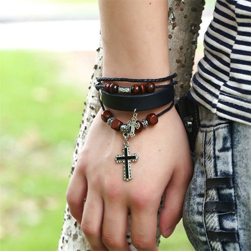 Handmade Leather Bracelets Set for Men and Women Vintage Cross Beaded Braided Black Punk Adjustable Wrap Cuff Bracelet