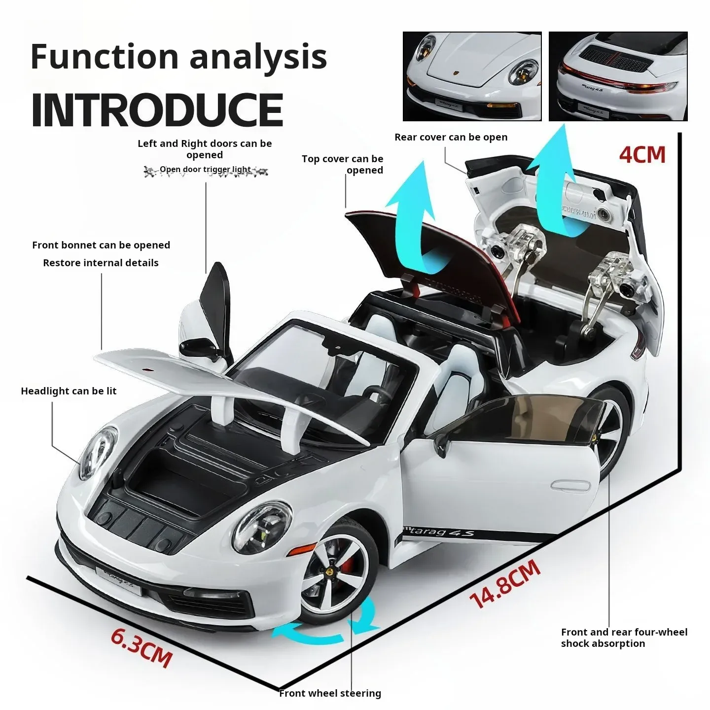 Porsche 911 Targa Diecast Model Car 1:32 Scale, Sports Car Collectible with Lights and Opening Doors, Gift for Car Lovers